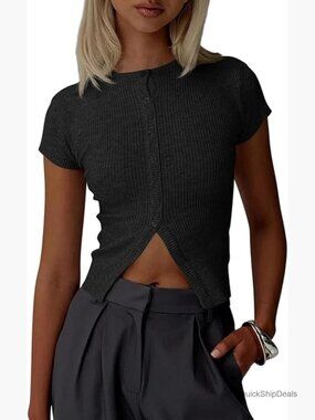 Short Sleeve Button Down Cropped Cardigan Sweater Slim Fit Ribbed Knit